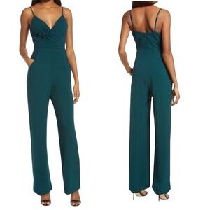 Dress The Population Emmett Crepe Pine Green Wide Leg Jumpsuit Size XS